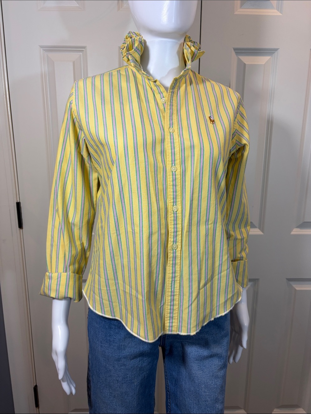 Upcycled, Polo by Ralph Lauren Yellow Multi-Stripe Ruffle Collar Button-Down